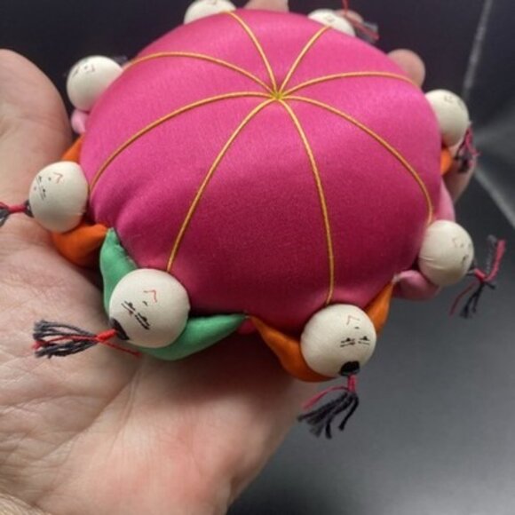 Vintage Chines Friendship Pincushion 5" Satin Doll Ring 8 Faces Folk Art Bright - Picture 6 of 7